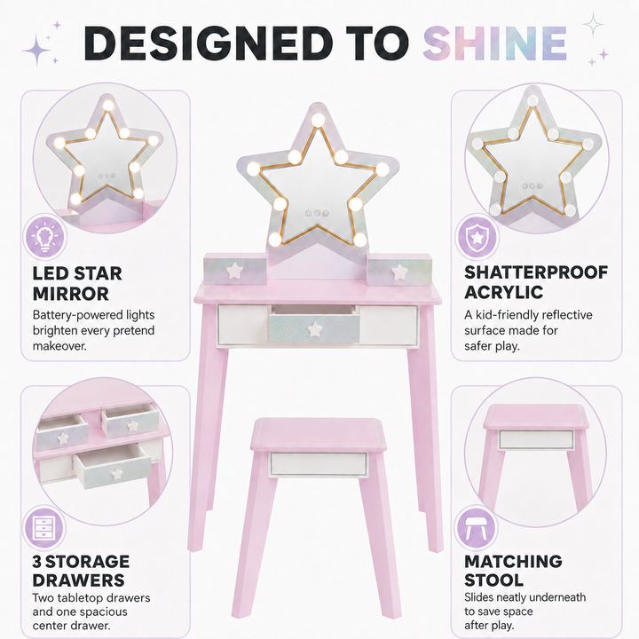 Teamson Kids Light-Up Vanity Table and Stool Set with Star Shaped Mirror, Little Princess Pink Pretend Movie Star Play Set with LED Lights, 3 Drawers and Matching Star Drawer Handles