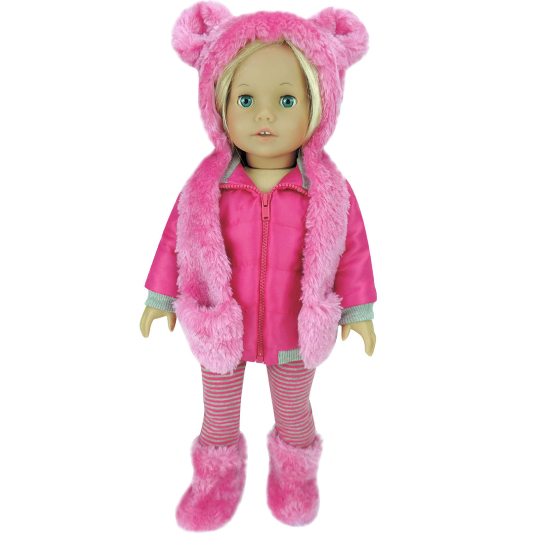 Sophia's 4 Piece Winter Outfit with Bear faux fur Hat Set for 18'' Dolls, Hot Pink