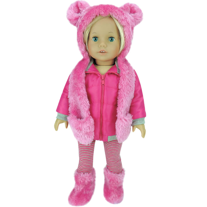 Sophia's 4 Piece Winter Outfit with Bear faux fur Hat Set for 18'' Dolls, Hot Pink
