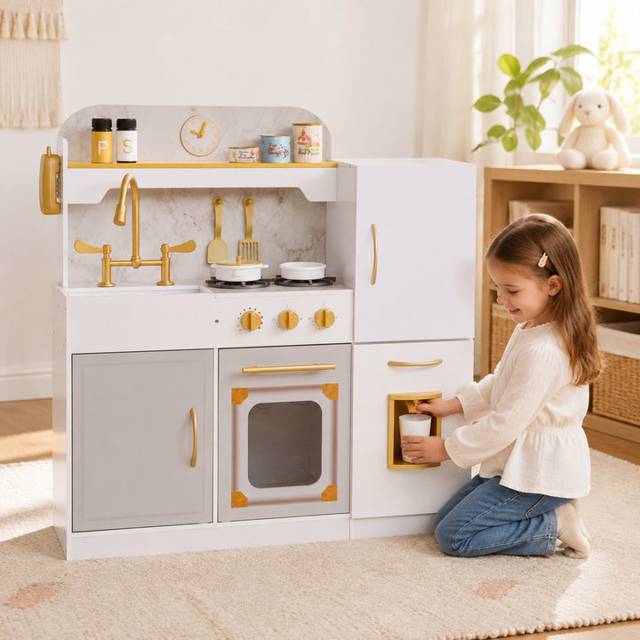 Teamson Kids Play Kitchen Set with Refrigerator, 17 Accessories, Storage Interactive White Pretend Play Wooden Kitchen with Gold Tap 34.49" L x 11.38" W x 37.76" H - Little Chef Versailles