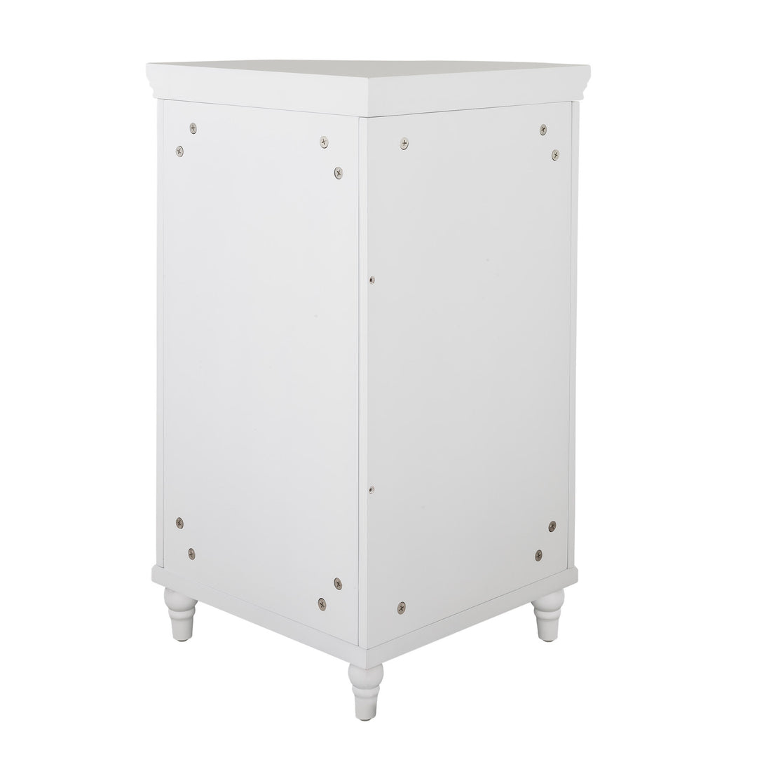 Back view of a white corner floor cabinet