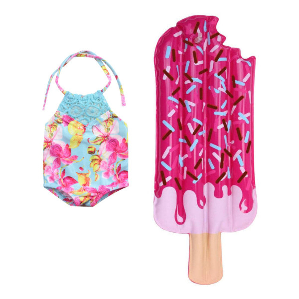 Sophia's 2 pcs Aqua Floral Swimsuit & Ice Cream Pool Float for 18
