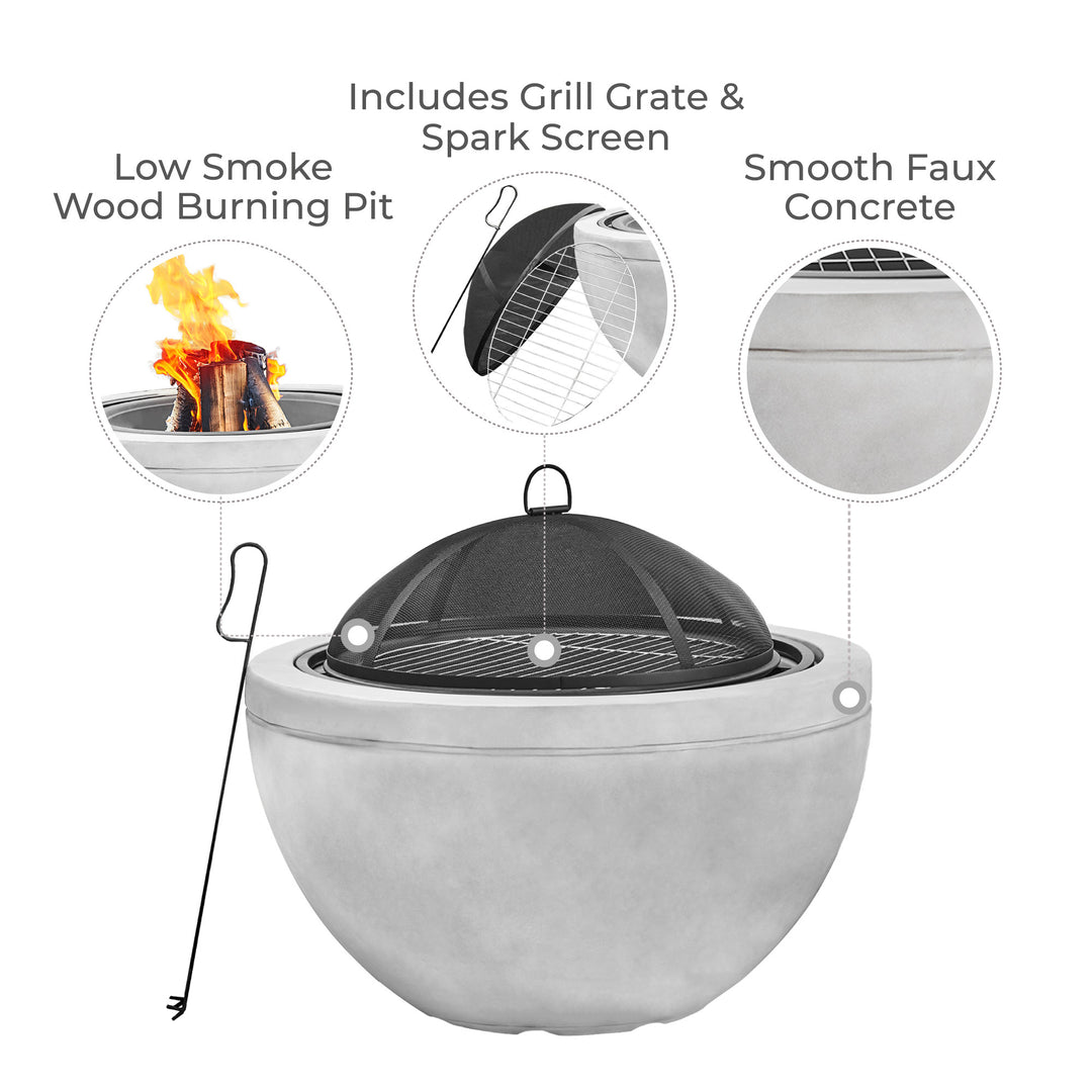 Infographic with callouts for a low smoke wood burning pit, grill grate & spark screen and smooth faux concrete surface