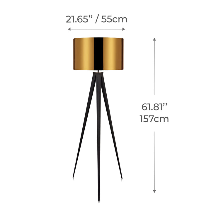 Dimensional graphic of a tripod floor lamp with gold shade in inches and centimeters