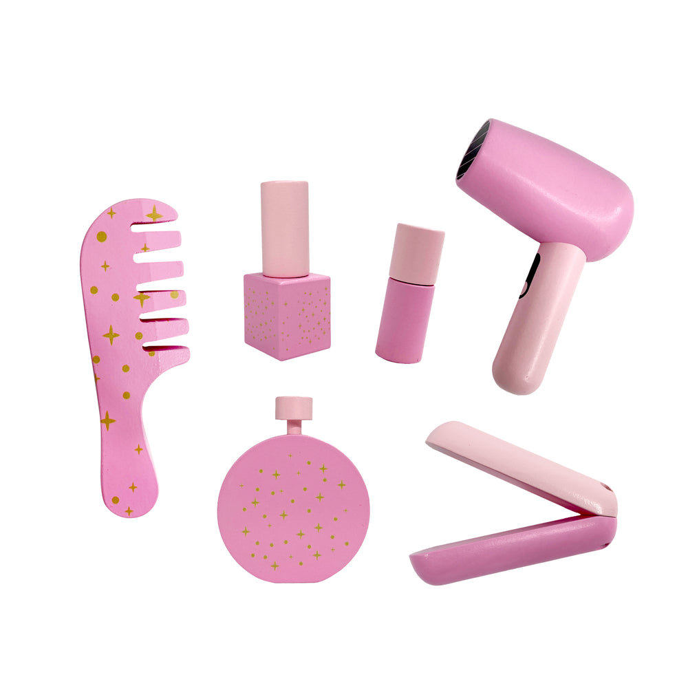 Pretend wooden accessories - comb, nail polish, lip stick, blow dryer, hair straightener and perfume