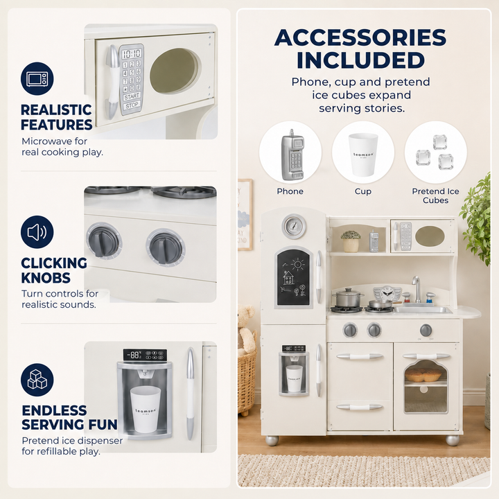 Teamson Kids Little Chef Westchester Retro Medium Play Kitchen with Fridge, Oven, Removable Sink, Chalkboard Panel, Clicking Knobs, Storage and Accessories