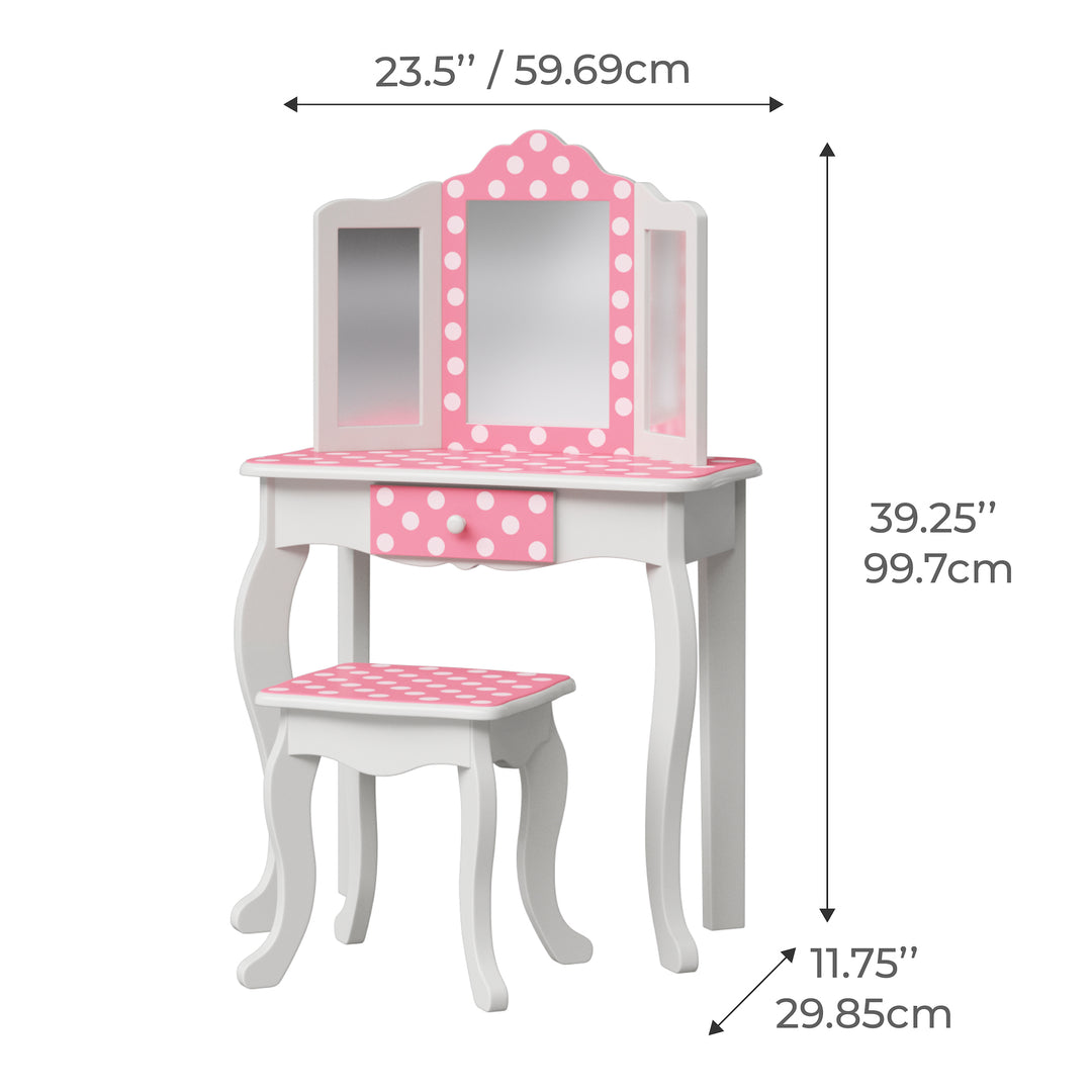 Dimensions in inches and centimeters of a kids' vanity table and matching stool with trifold mirror, white with pink and white polka dot accents