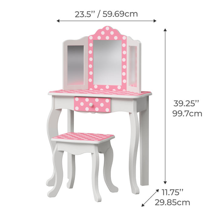 Dimensions in inches and centimeters of a kids' vanity table and matching stool with trifold mirror, white with pink and white polka dot accents