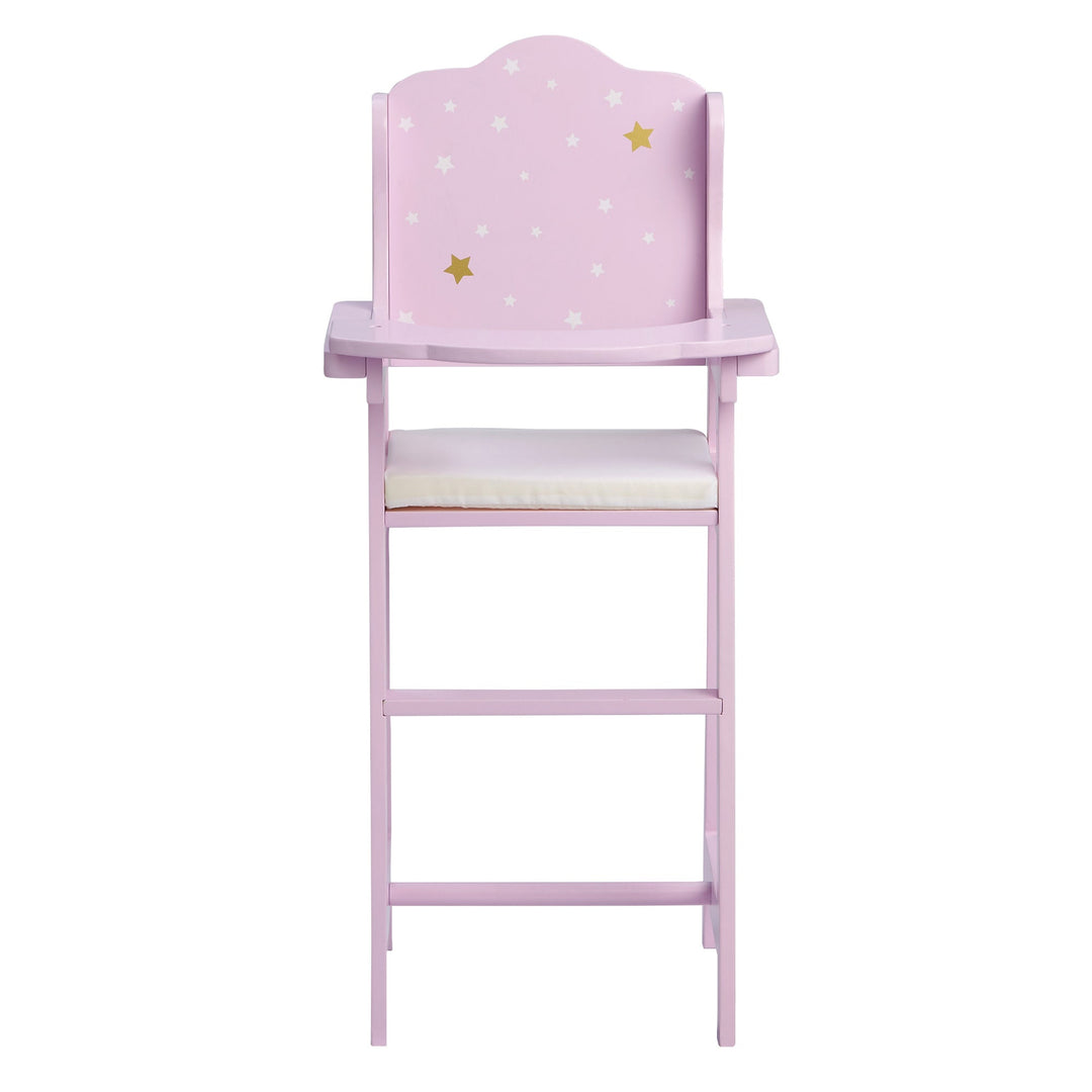 Front view of purple high chair with white and gold stars and a white cushion.