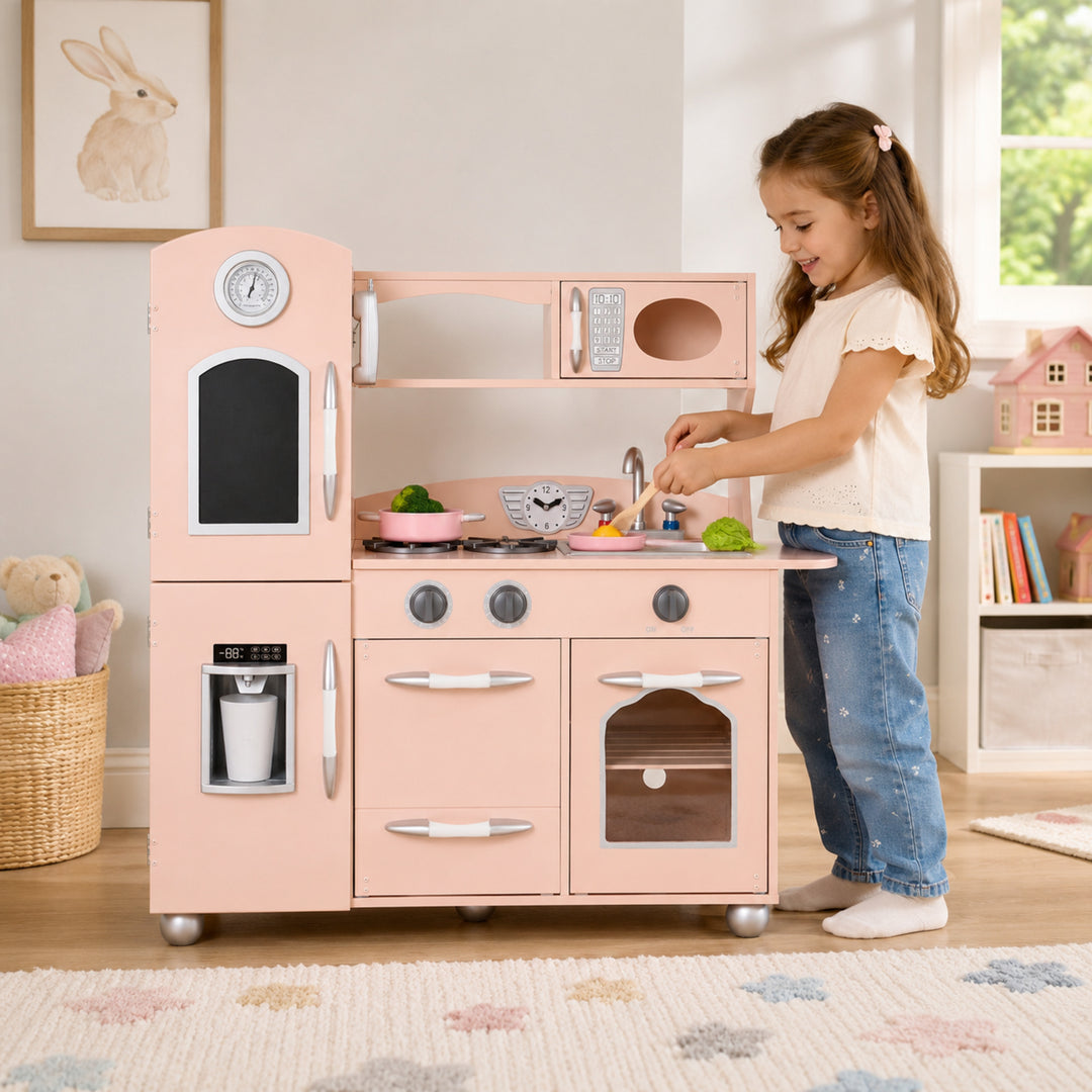 Teamson Kids Little Chef Westchester Retro Wooden Play Kitchen with Fridge, Oven, Removable Sink, Chalkboard Panel, Clicking Knobs, Storage and Accessories