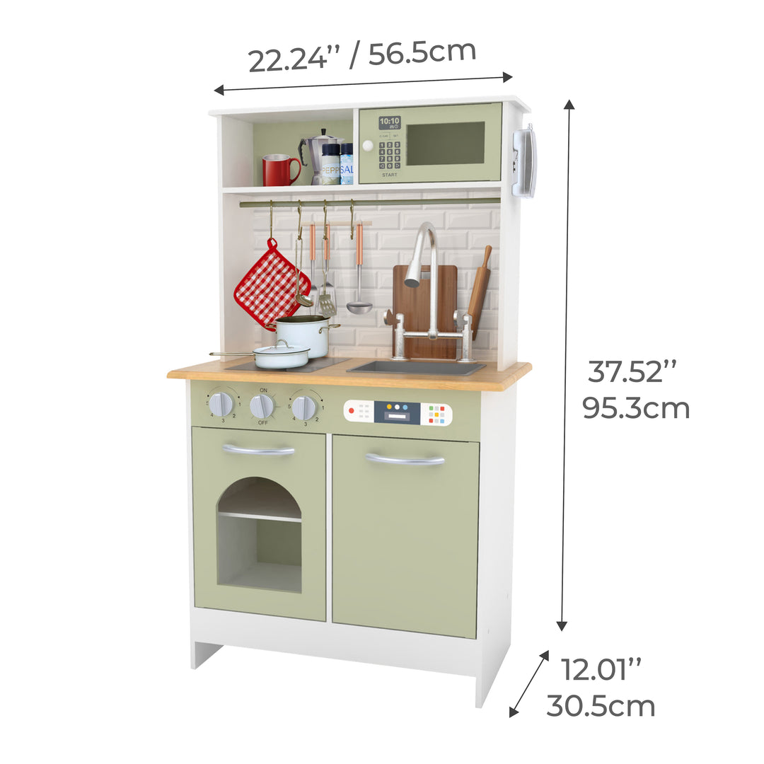 Dimensional graphic of a kids play kitchen in inches and centimeters