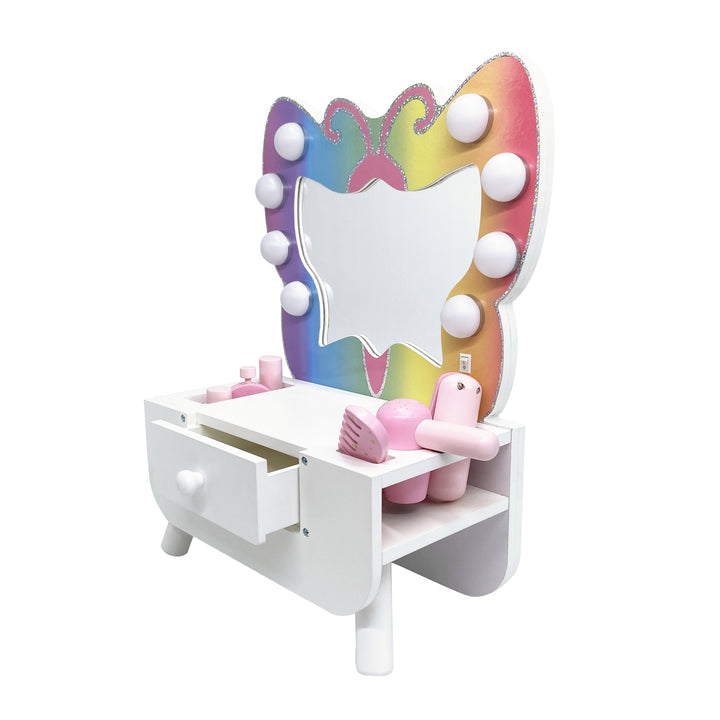 Side view of Kids Butterfly-Shaped Tabletop Vanity with LED Lights