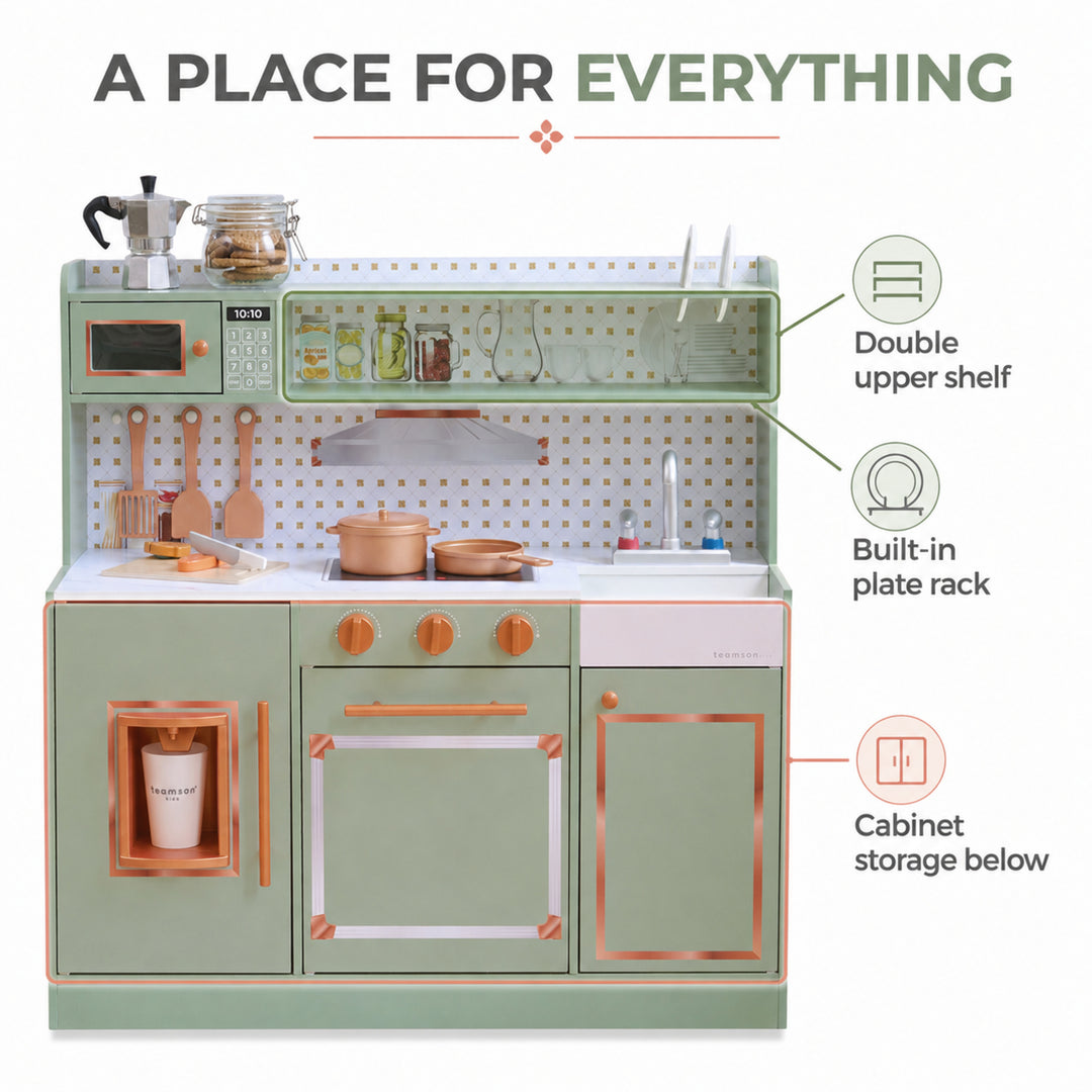 Teamson Kids Wooden Play Kitchen Set with 15 Accessories, Green Retro-style Wooden Pretend Play Kitchen with Ice Dispenser, Oven, Microwave, Sink Little Chef St. Louis