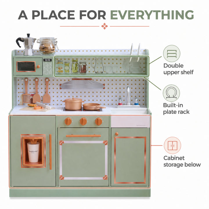 Teamson Kids Wooden Play Kitchen Set with 15 Accessories, Green Retro-style Wooden Pretend Play Kitchen with Ice Dispenser, Oven, Microwave, Sink Little Chef St. Louis