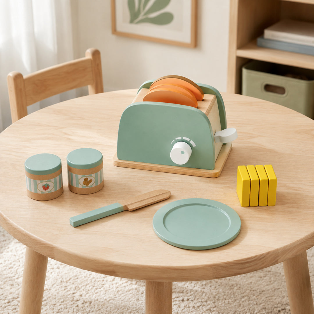 Teamson Kids 10-Piece Wooden Toy Toaster and Pretend Play Food Set, Green Kitchen Set with Pretend Bread, Knife and Plate for Interactive Play, Lever Makes Toast Slices Pop Little Chef Frankfurt