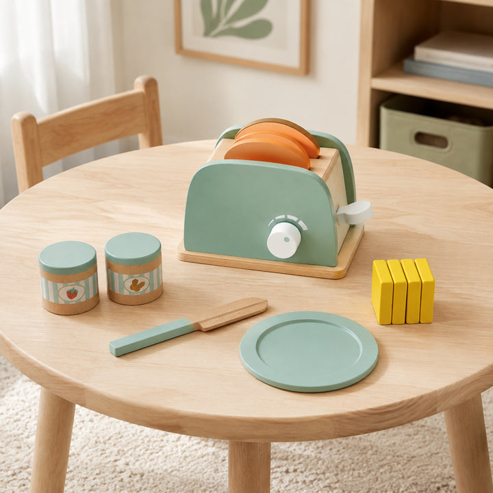 Teamson Kids 10-Piece Wooden Toy Toaster and Pretend Play Food Set, Green Kitchen Set with Pretend Bread, Knife and Plate for Interactive Play, Lever Makes Toast Slices Pop Little Chef Frankfurt