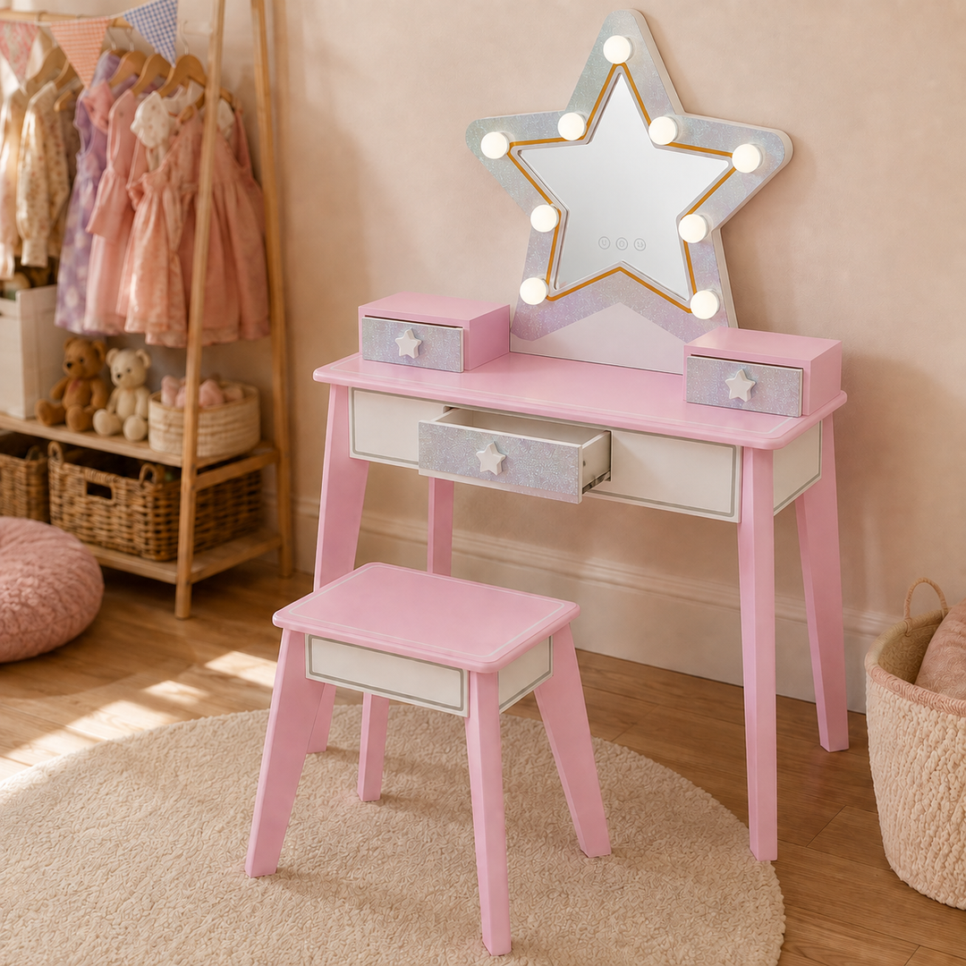 Teamson Kids Light-Up Vanity Table and Stool Set with Star Shaped Mirror, Little Princess Pink Pretend Movie Star Play Set with LED Lights, 3 Drawers and Matching Star Drawer Handles
