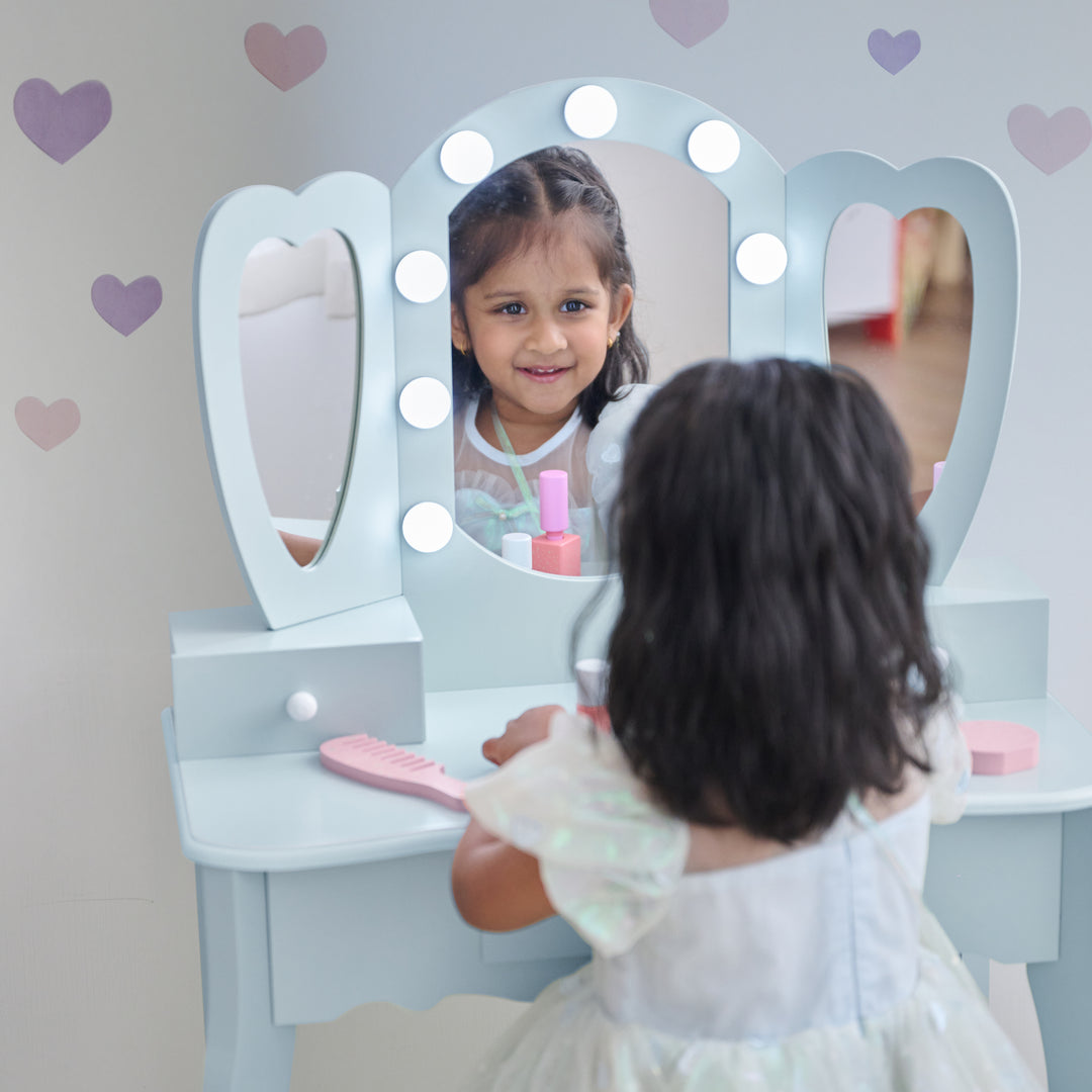 Kids Vanity with LED Lights, Blue - Heart Glow Play Vanity Set by Teamson Kids