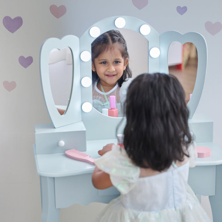 Kids Vanity with LED Lights, Blue - Heart Glow Play Vanity Set by Teamson Kids