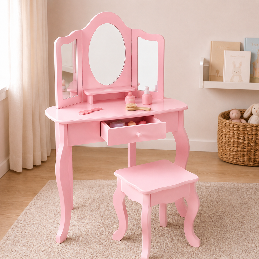 Teamson Kids Large Corner Kids Vanity Table and Stool Set with Drawers, Space-Saving Pink pretend Play Set with Tri-fold Mirror, Drawers and Shelves, Little Princess Alessandra