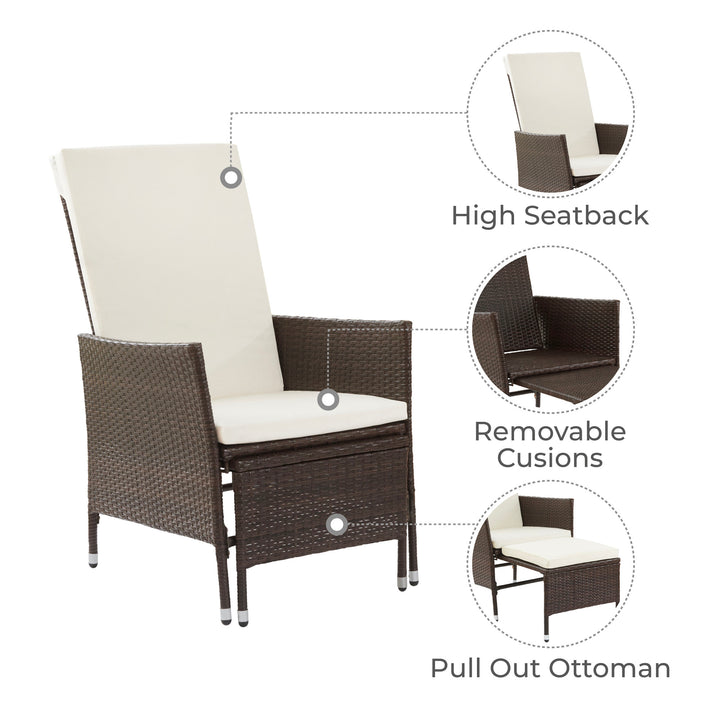 Infographic with callouts for high seatback, removable cushions and pull out ottoman