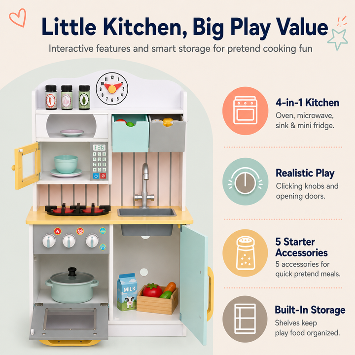 Teamson Kids Little Chef Florence Compact Wooden Play Kitchen with Oven, Microwave, Sink, Half Fridge, Clicking Knobs, Storage, 5 Accessories, Pretend Play Set, Ages 3+, 35.5 Inches High