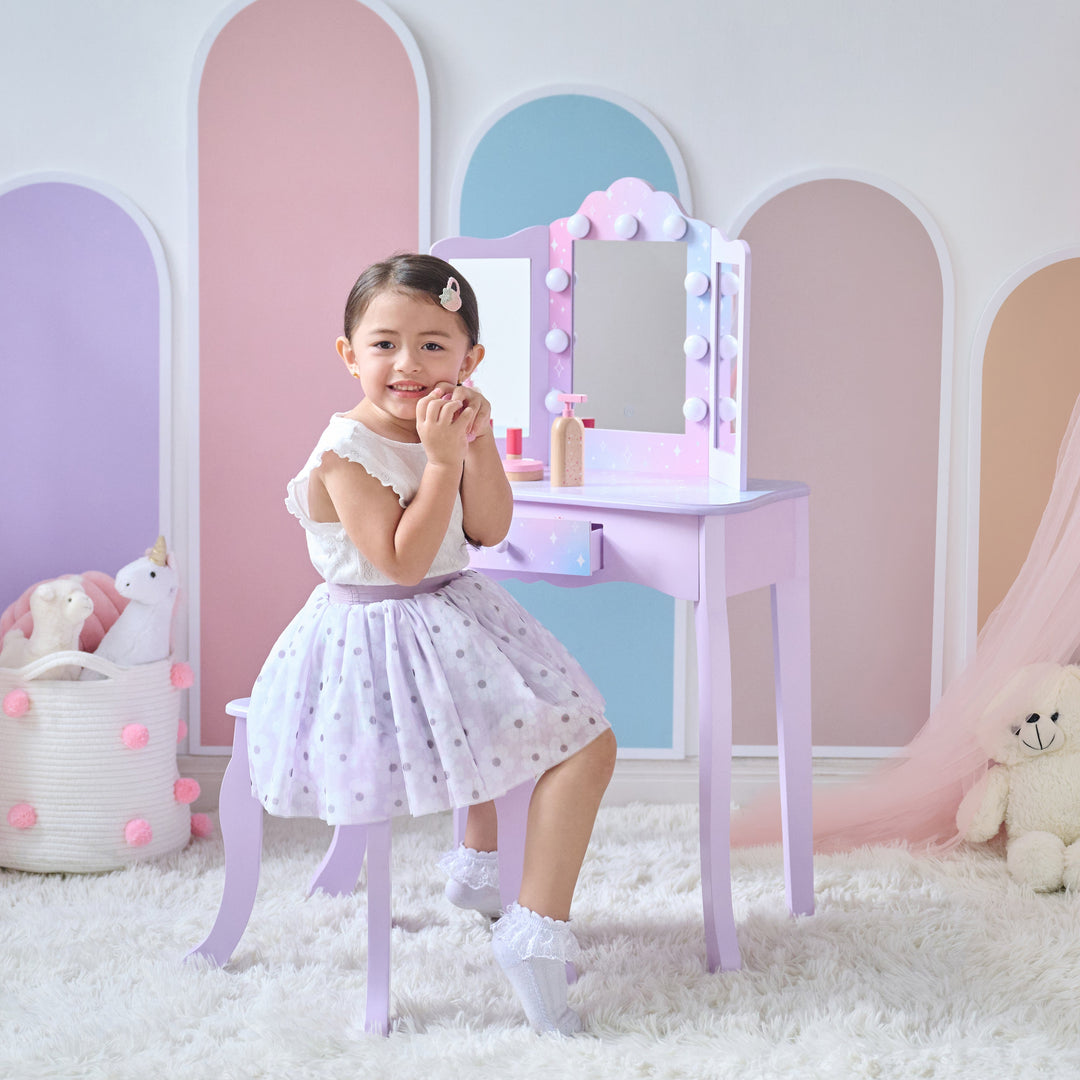 Stardust Print Gisele Wooden Play vanity with LED Lights & Three Way Mirror for Pretend Play by Teamson Kids