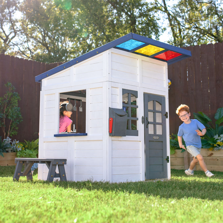 Teamson Kids Rainbow Shade Wooden Playhouse with Kitchen and Bench, White