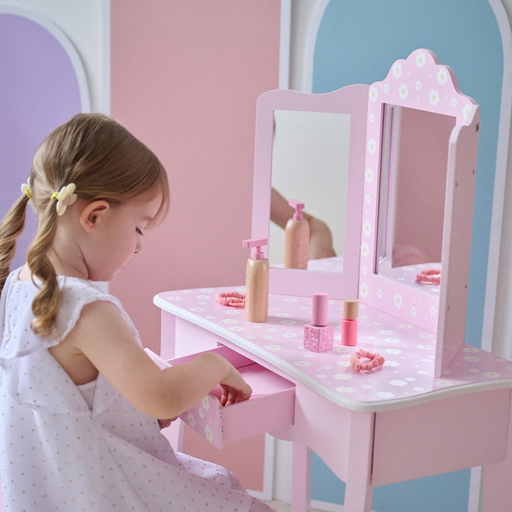 Daisy Prints Gisele Wooden Play Vanity Set wit Three Way Mirror & Stool for Pretend Play by Teamson Kids
