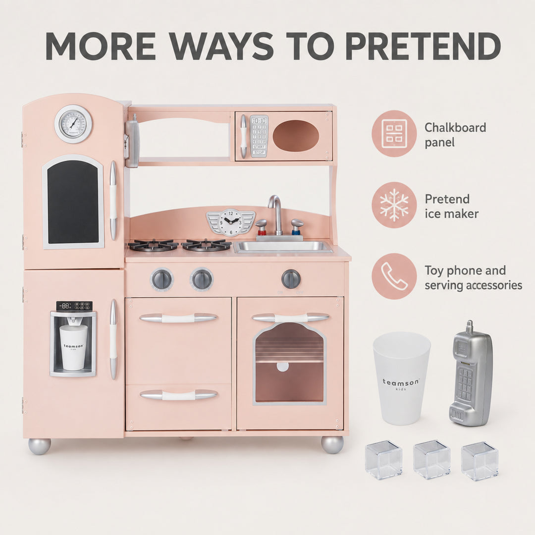 Teamson Kids Little Chef Westchester Retro Wooden Play Kitchen with Fridge, Oven, Removable Sink, Chalkboard Panel, Clicking Knobs, Storage and Accessories