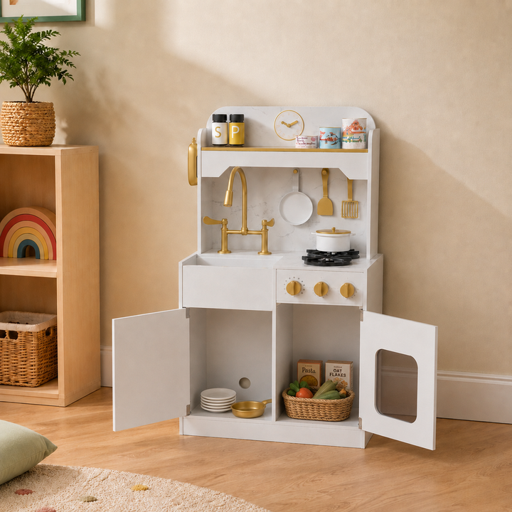 Teamson Kids Small Play Kitchen Set with Refrigerator, 17 Accessories, Storage Interactive White Pretend Play Wooden Kitchen with Gold Tap /Faux Marble Furnishings - Little Chef Versailles