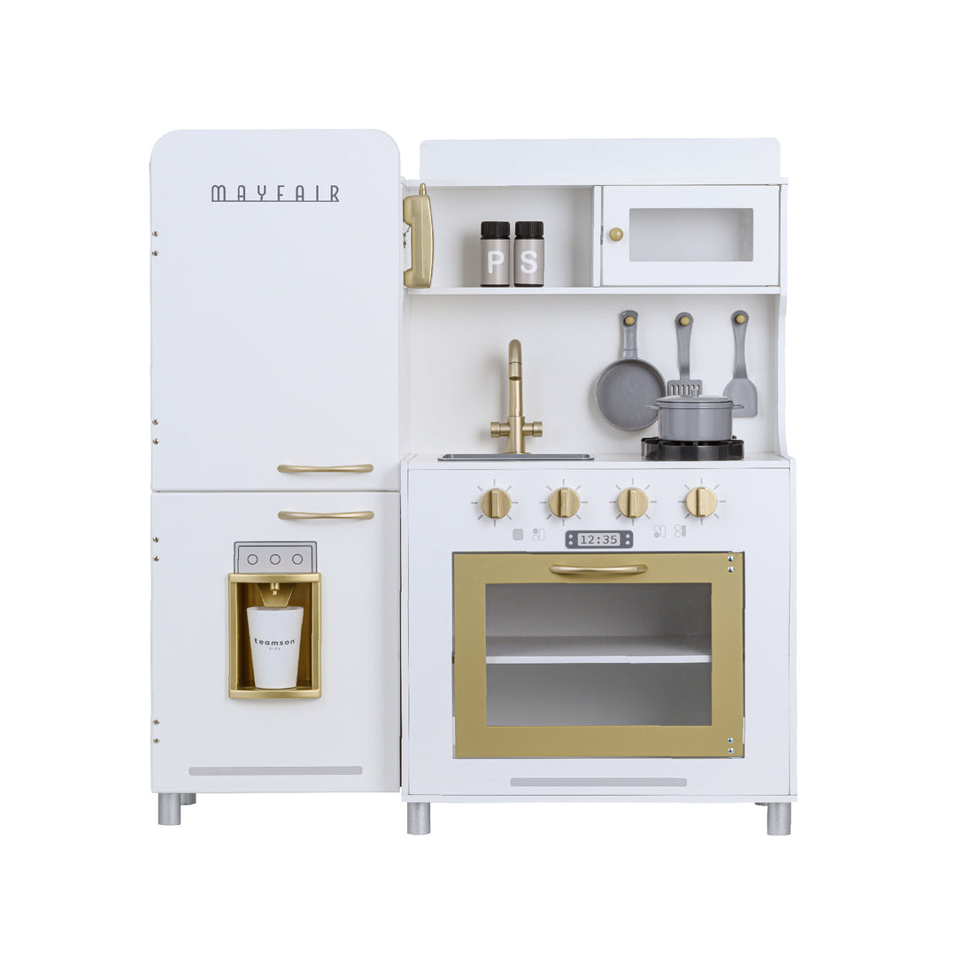 A white and gold retro-styled play kitchen for kids
