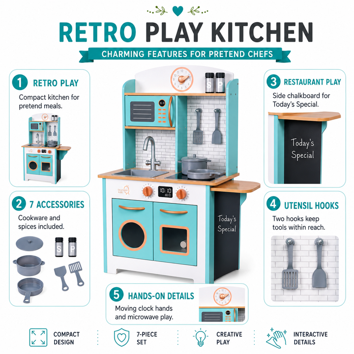 Teamson Kids Little Chef Santos Retro Small Play Kitchen with Microwave, Stove, Oven, Blackboards, Cookware Pieces, 7 Accessories
