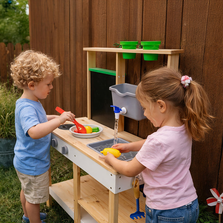 Clover Wooden Mud Kitchen with Sink for Pretend Play by Teamson Kids