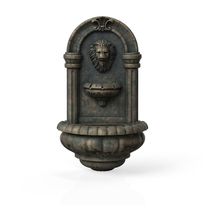 A wall mounted water fountain with a faux sculpted lion's head