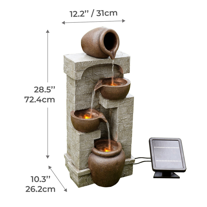 Dimensional graphic of a 4-tier solar powered water fountain in inches and centimeters