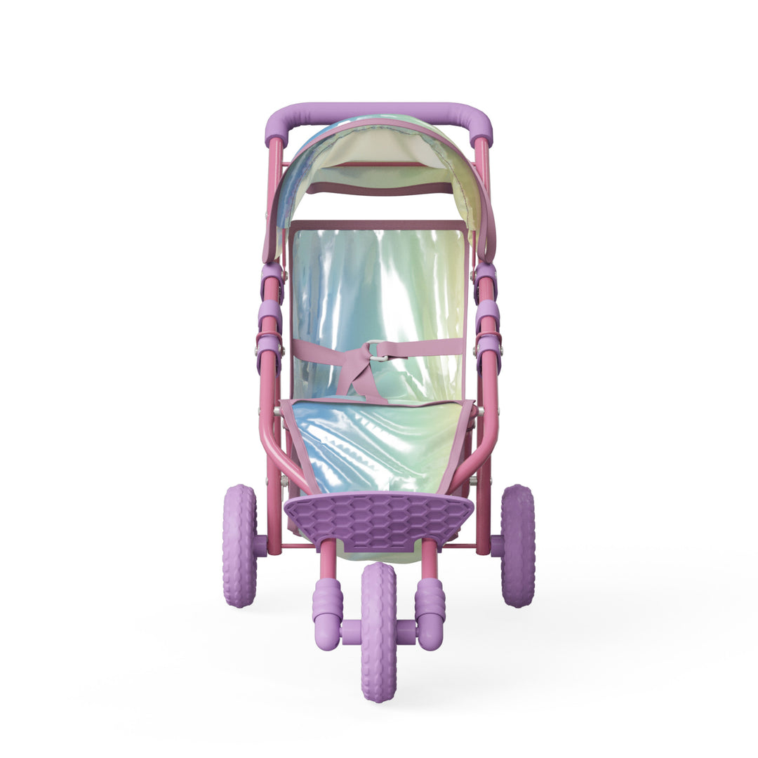 An iridescent and purple kids jogging-style stroller 