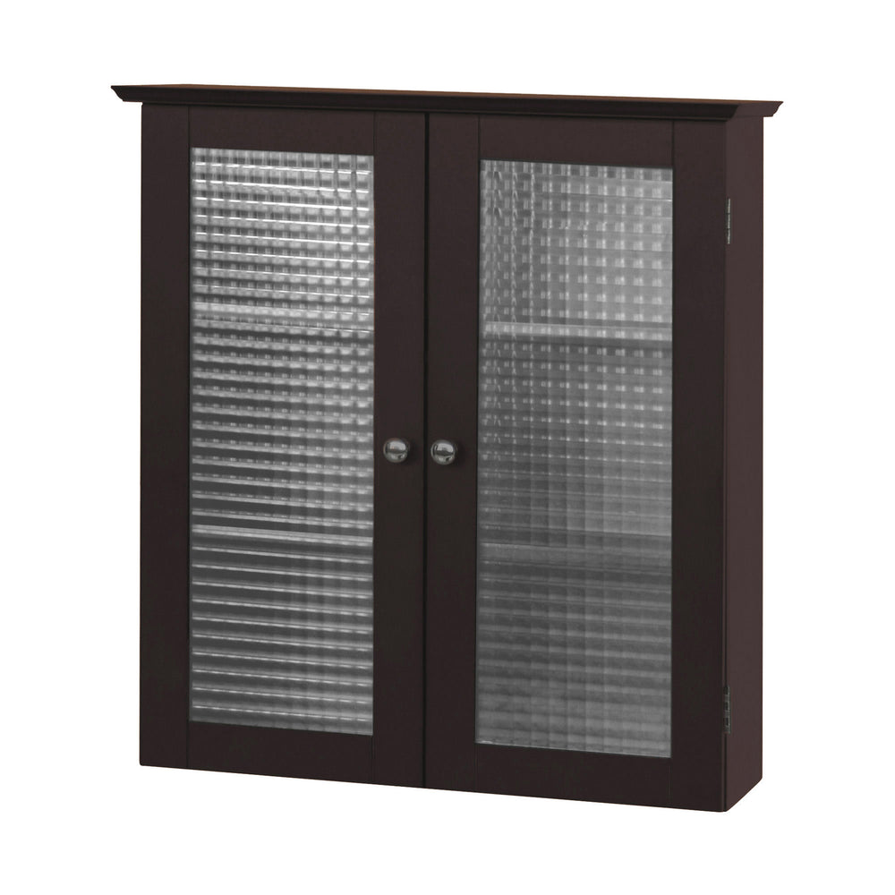 A dark expresso wall cabinet with waffle glass panels