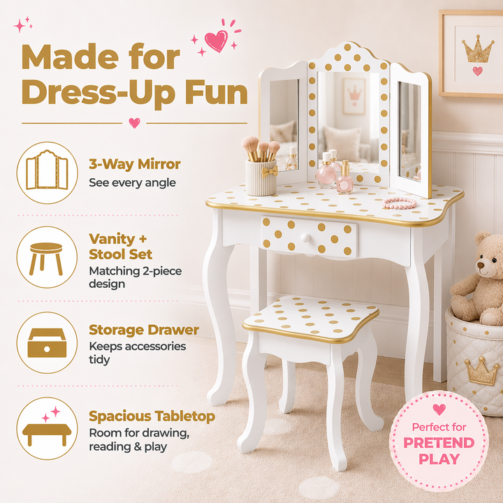 Teamson Kids Gisele Polka Dot Wooden Play Vanity Set with Tri-Fold Mirror, Storage Drawer, Matching Stool, Kids Makeup Table and Chair for Dress-Up Pretend Play, Ages 3+, Gold & White