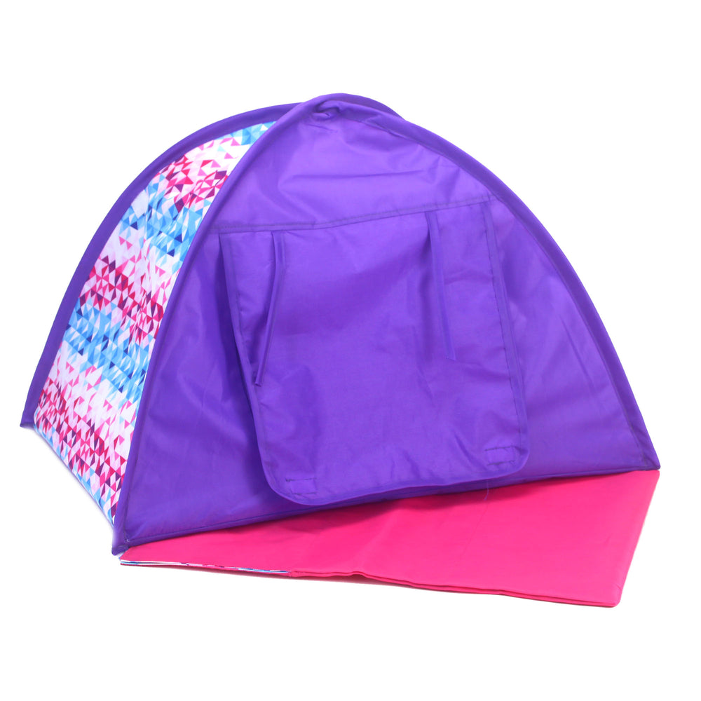 A purple and print doll sized tent with hot pink sleeping bag is shown.