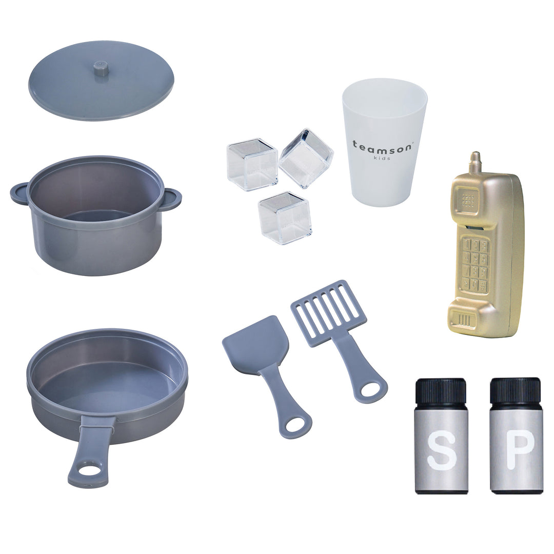 Accessories for a play kitchen - lid, pot, pan, 2 spatulas, 3 pretend ice cubes, a white cup, a gold phone and 2 seasonings bottles