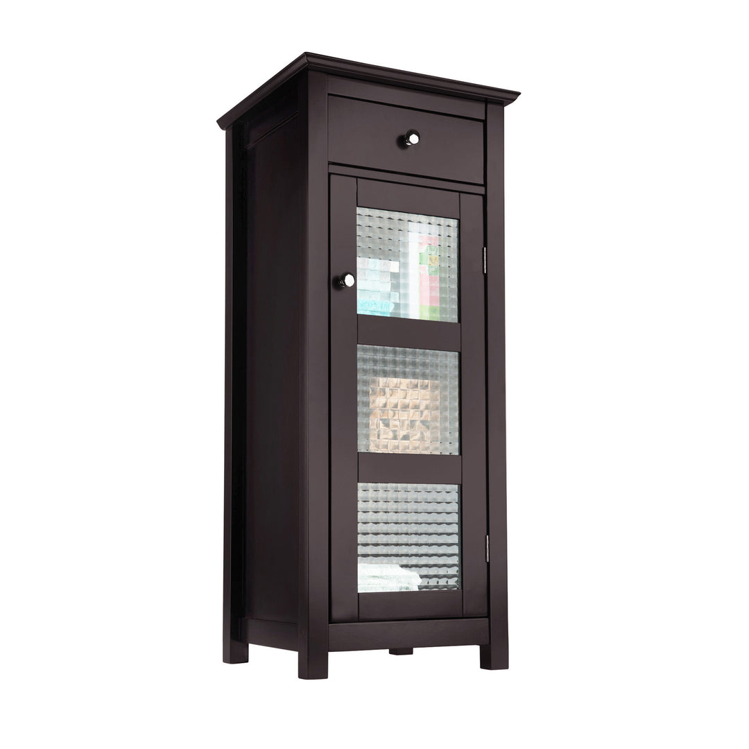 A narrow floor cabinet with a waffle glass door panel and drawer