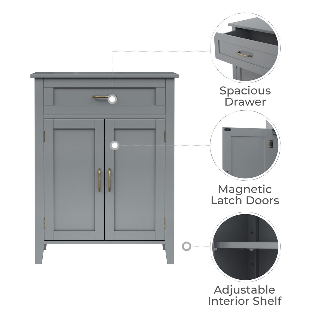 Infographic image showing key features: spacious drawer, magnetic latch doors, adjustable interior shelf.