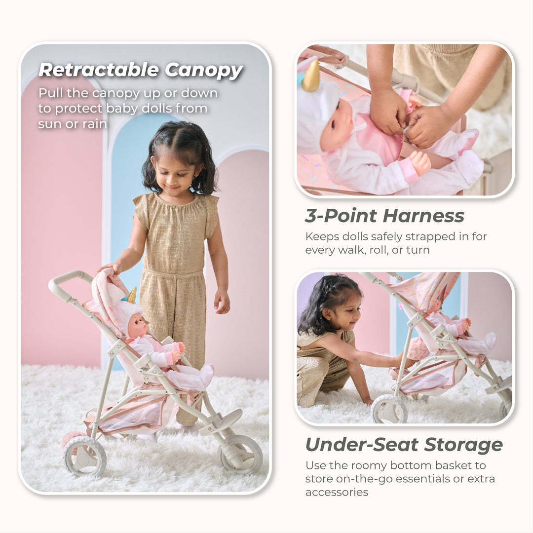 15-18 Inch Baby Doll Stroller, Beige - Confetti Doll Jogging Stoller by Olivia's Little World