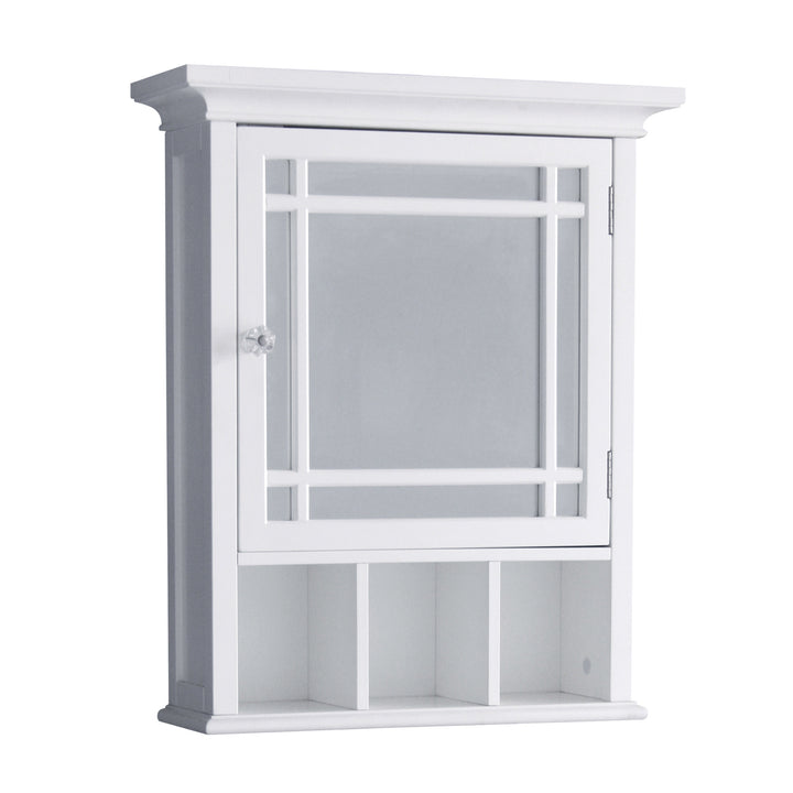 A white wall cabinet with mirrored door and bottom shelf