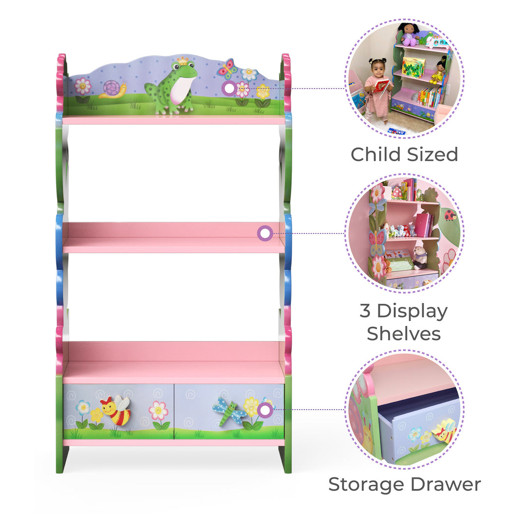 An infographic for a  3-tier bookshelf with features about sizing, number of shelves and storage drawers