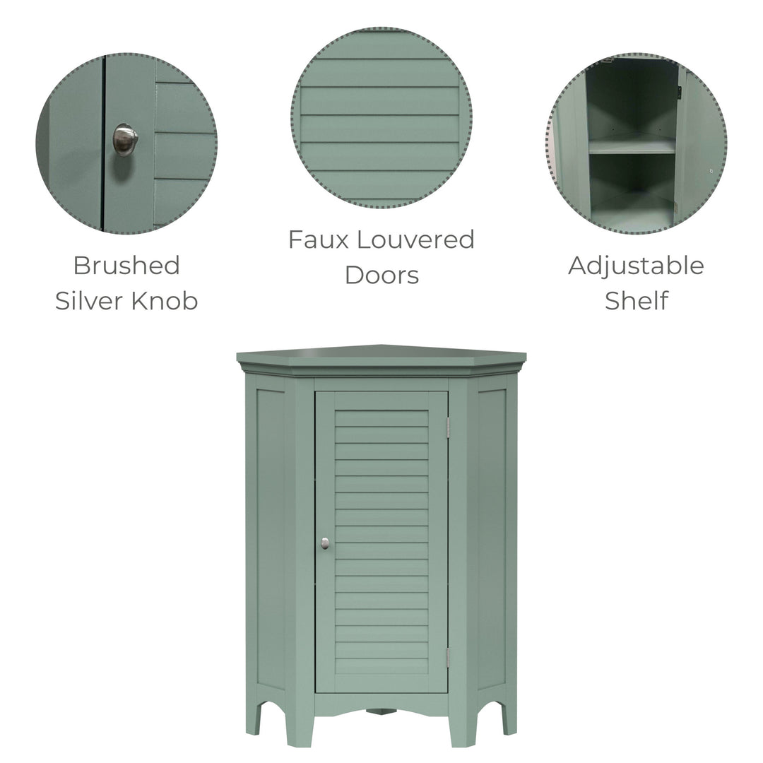 An infographic for a sage green corner floor cabinet calling out silver knobs, faux louvered doors, and an adjustable shelf.