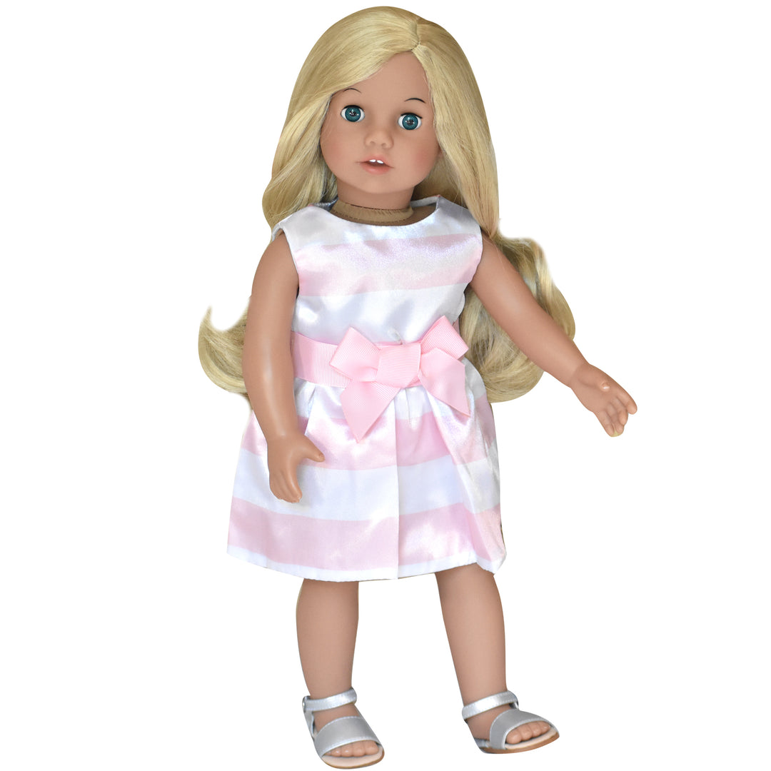 A Sophia's Doll wear silver sandals and a pink striped party dress.