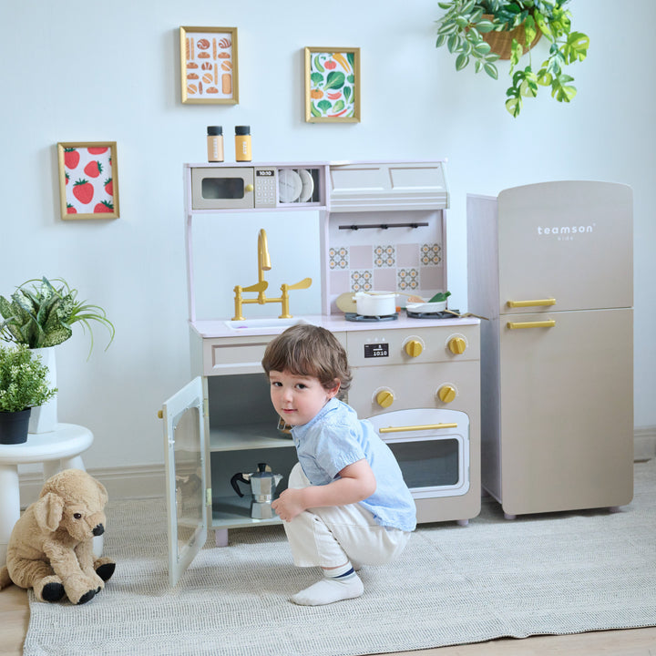 2-Pcs Wooden Play Kitchen with 17 Accessories, Green - Little Chef Hampton by Teamson Kids