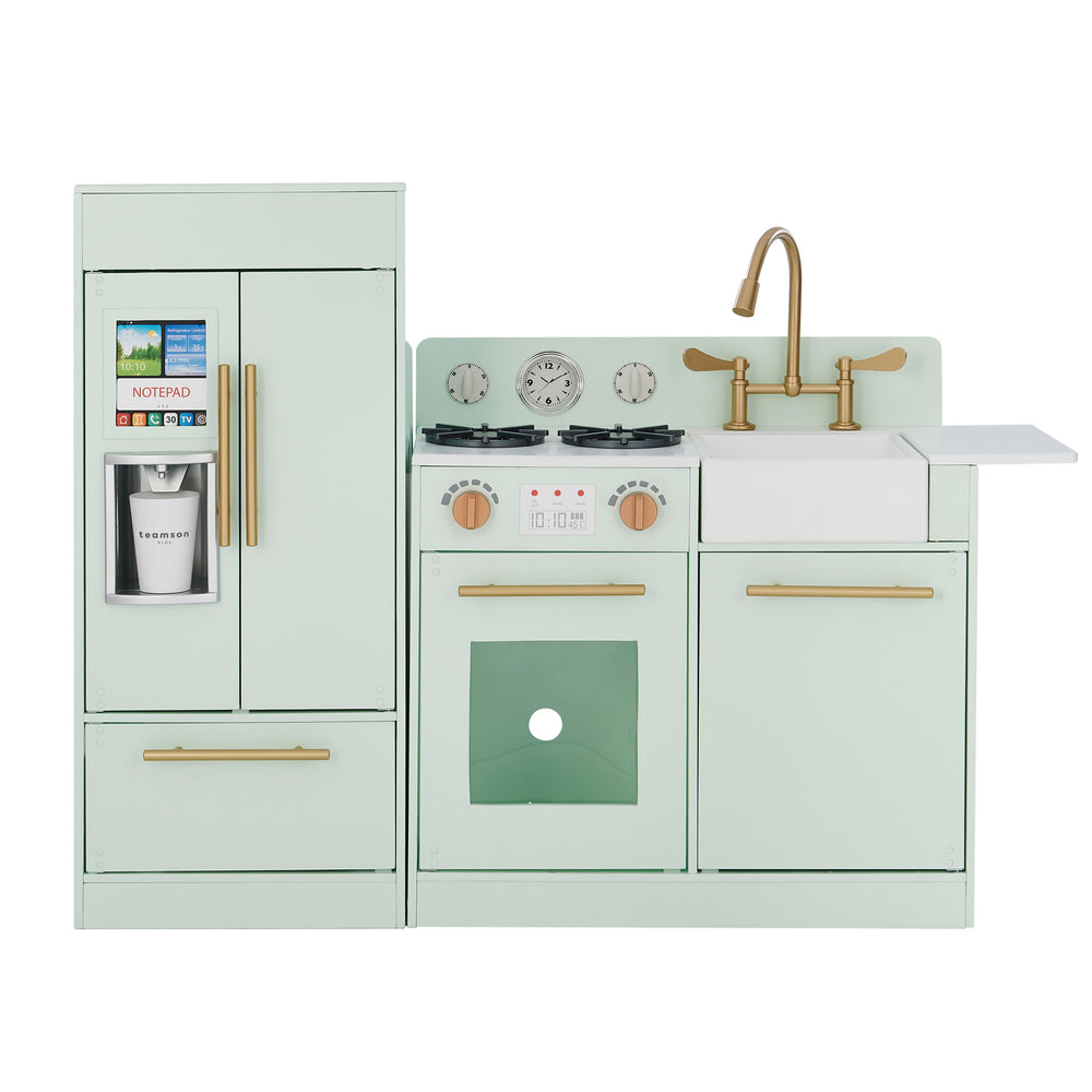 A modern-style mint play kitchen with gold hardware